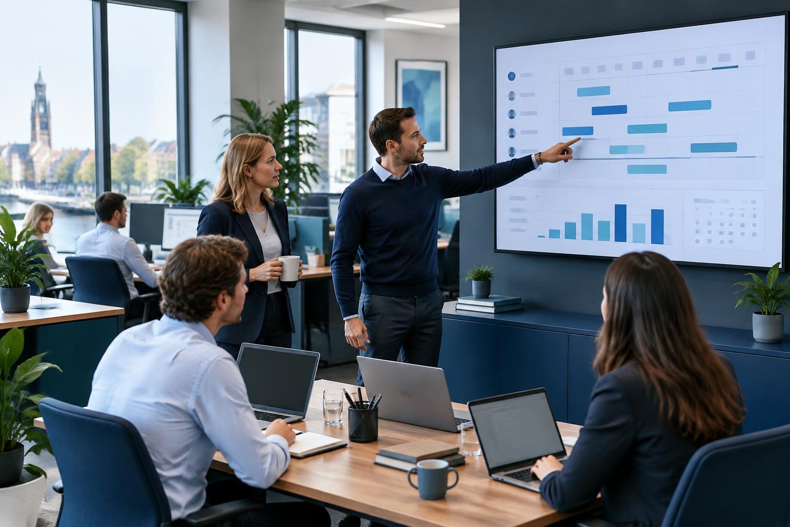 Accountants bespreken de capaciteitsplanning voor het aangifteseizoen op een digitaal planbord